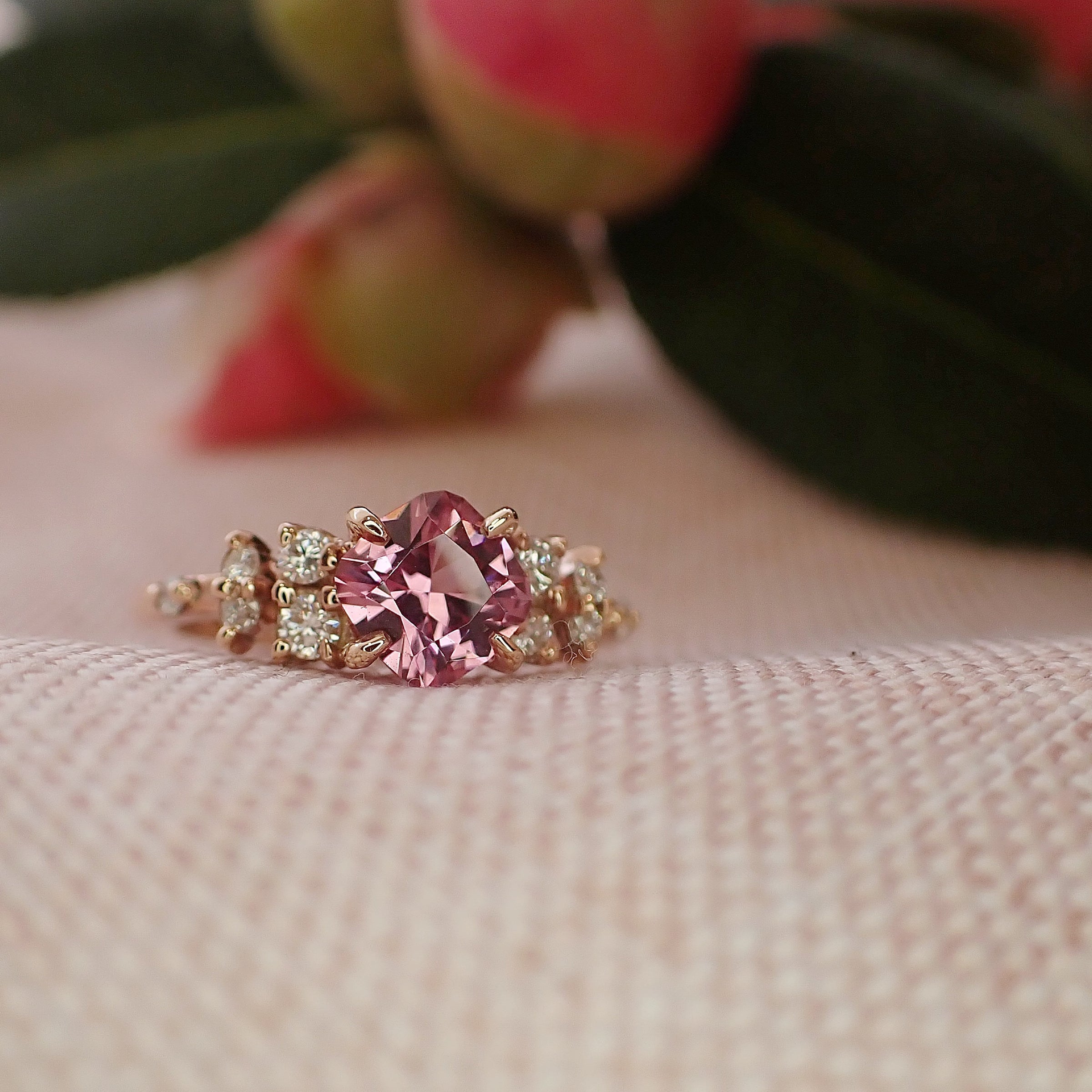 pink spinel and diamond rose gold ring Jasmine Fraser Jewellery