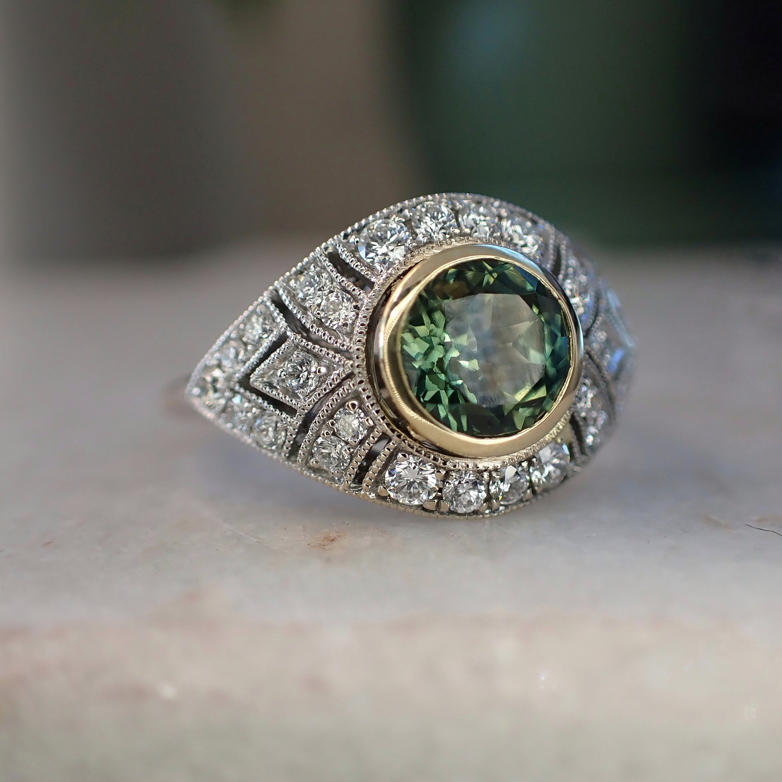 Green sapphire and diamond ring on sale